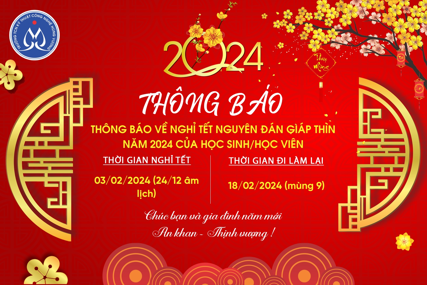 THÔNG BÁO VỀ NGHỈ TẾT NGUYÊN ĐÁN GIÁP THÌN NĂM 2024 CỦA HỌC SINH/HỌC